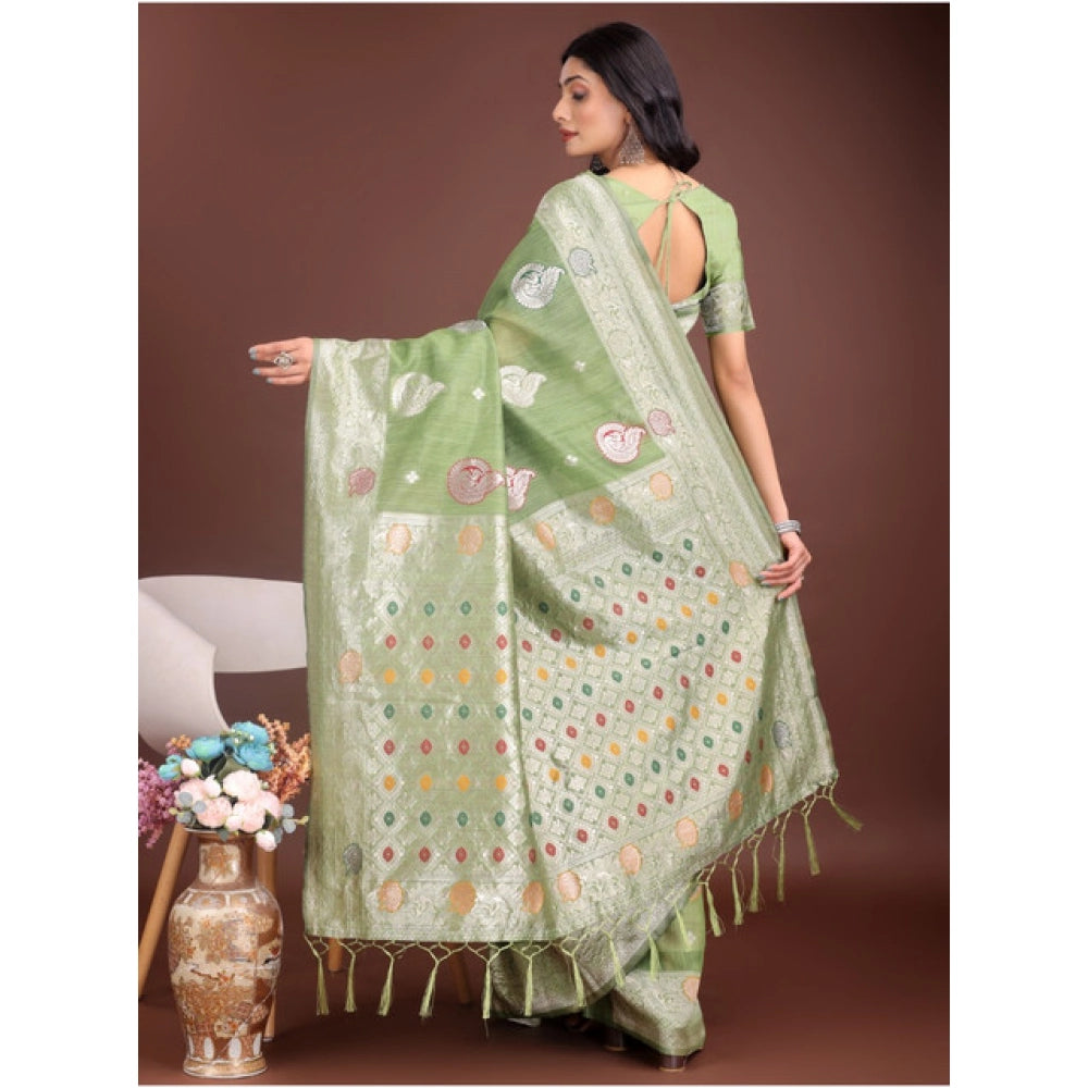 Women'S Linen Cotton Printed Saree With Unstitched Blouse 5.5M