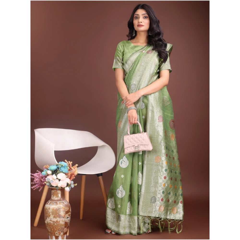 Women'S Linen Cotton Printed Saree With Unstitched Blouse 5.5M