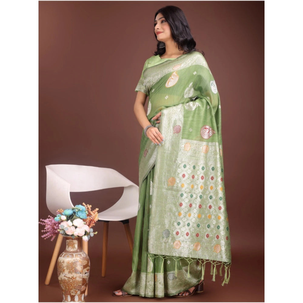 Women'S Linen Cotton Printed Saree With Unstitched Blouse 5.5M