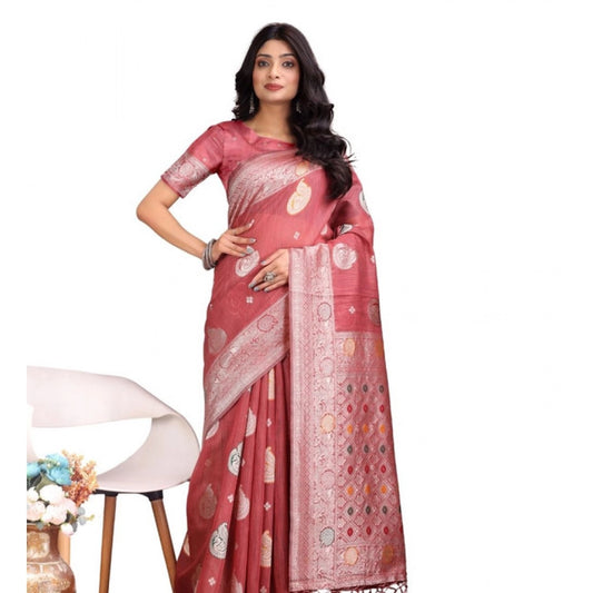 Women's Linen Cotton Printed Saree With Unstitched Blouse 5.5Mtr (Pink) - VANSHELLE