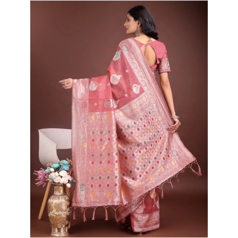 Women's Linen Cotton Printed Saree With Unstitched Blouse 5.5Mtr (Pink) - VANSHELLE