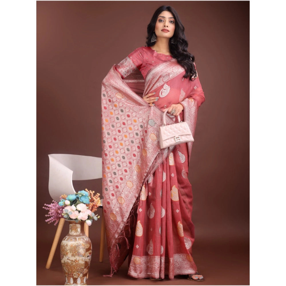 Women's Linen Cotton Printed Saree With Unstitched Blouse 5.5Mtr (Pink) - VANSHELLE