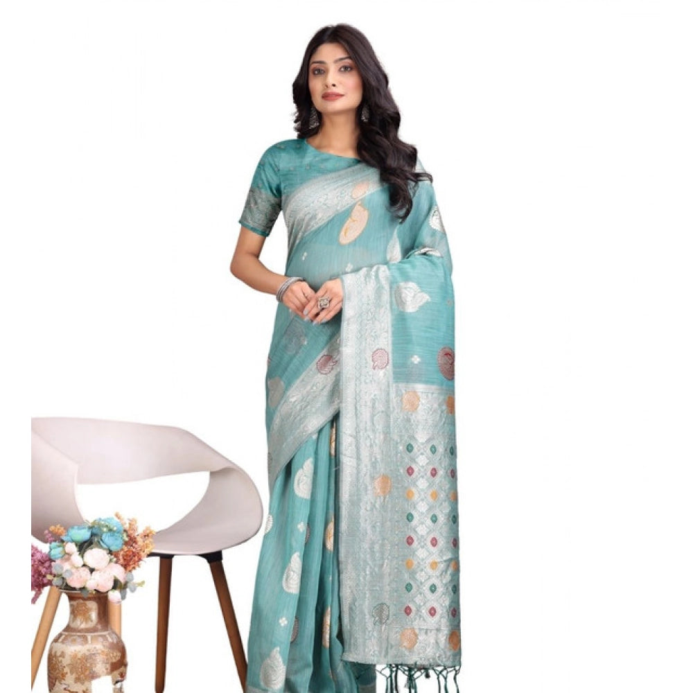 Women'S Linen Cotton Printed Saree With Unstitched Blouse 5.5M
