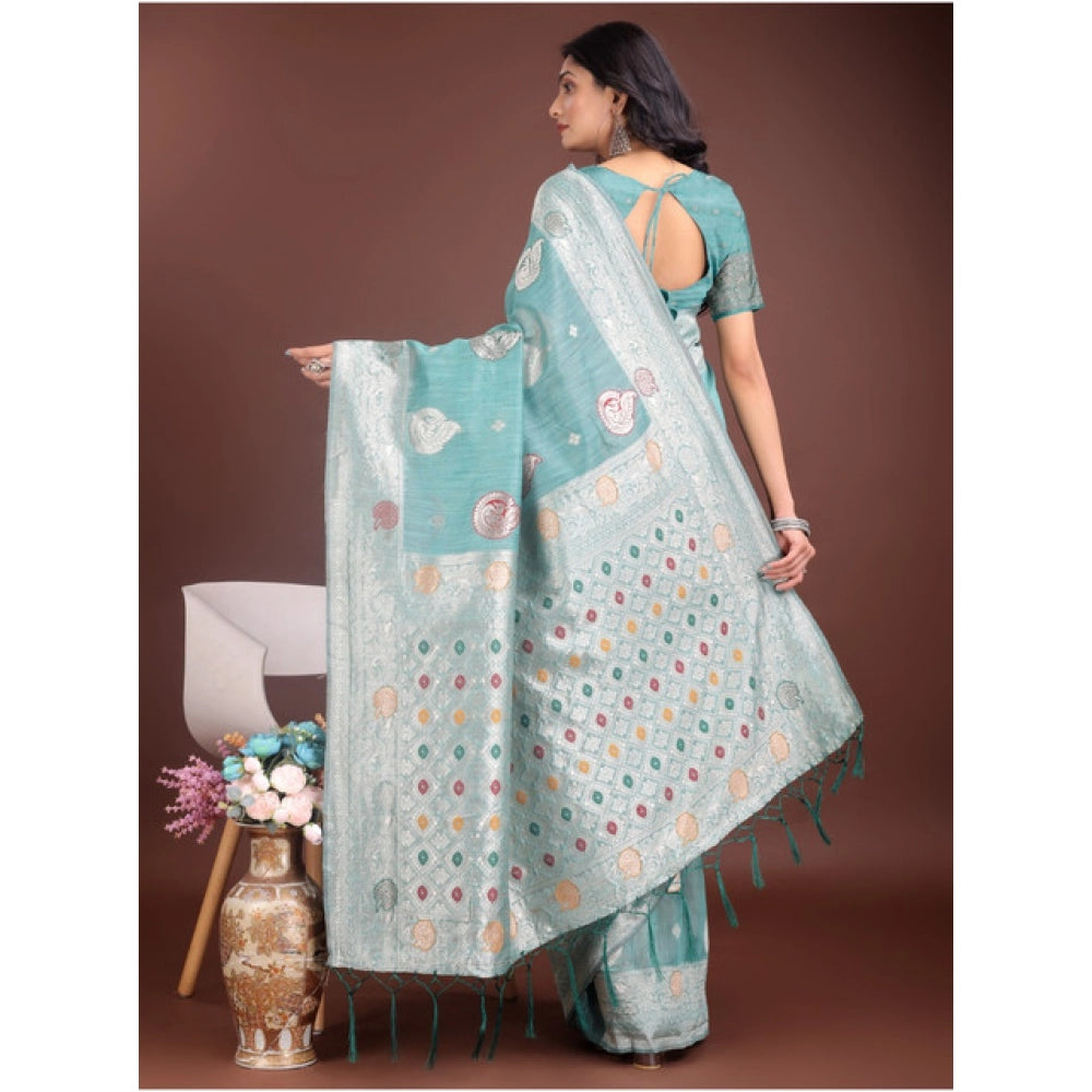 Women'S Linen Cotton Printed Saree With Unstitched Blouse 5.5M