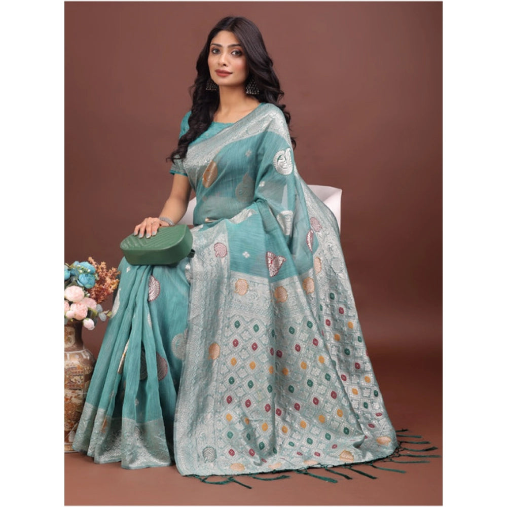 Women'S Linen Cotton Printed Saree With Unstitched Blouse 5.5M