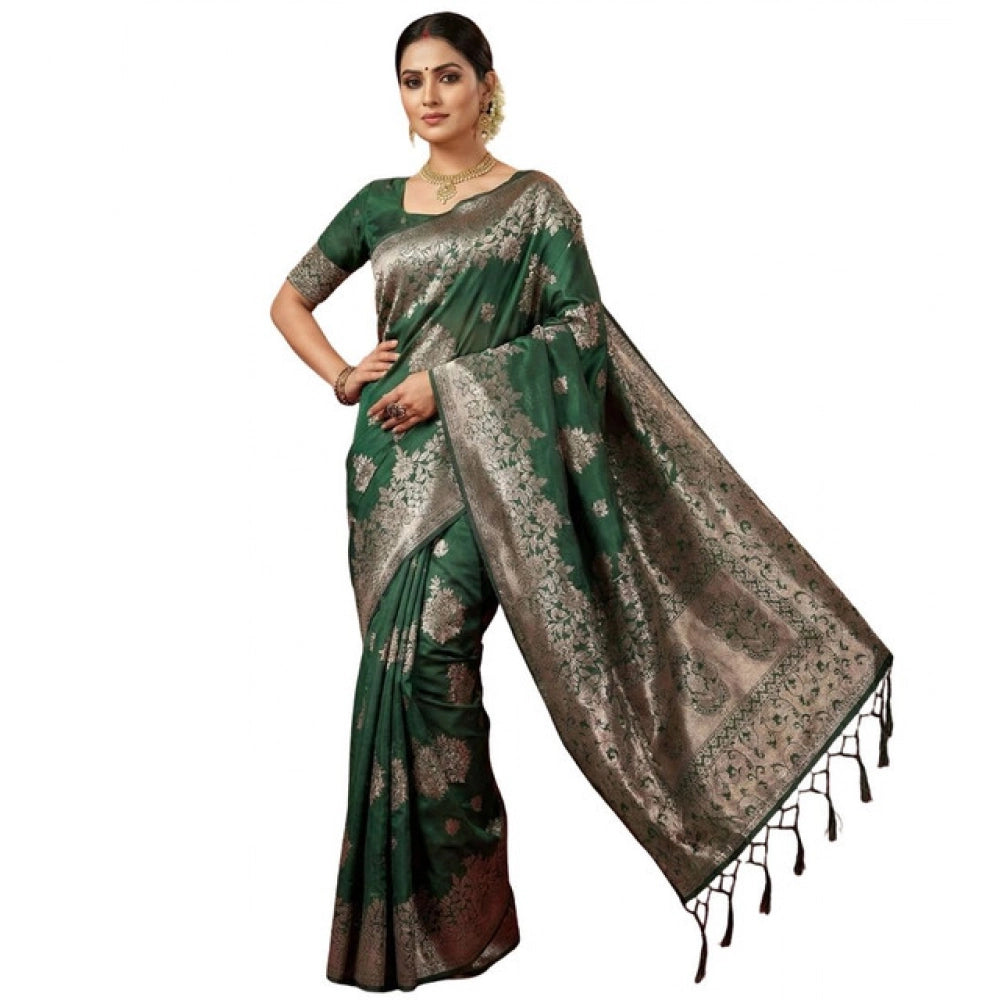Women's Silk Blend Printed Saree With Unstitched Blouse 5.5Mtr (Dark Green) - VANSHELLE