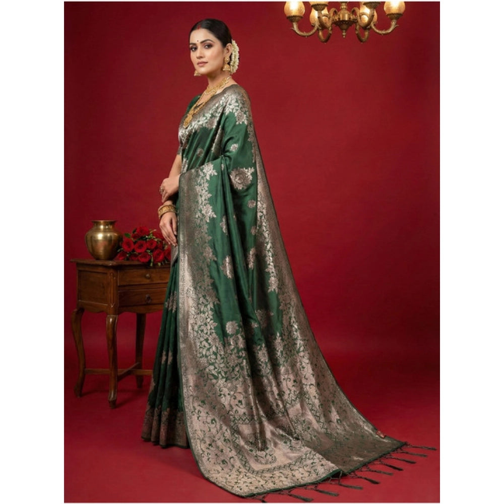Women's Silk Blend Printed Saree With Unstitched Blouse 5.5Mtr (Dark Green) - VANSHELLE