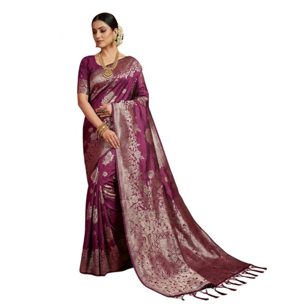 Women's Silk Blend Printed Saree With Unstitched Blouse 5.5Mtr (Purple) - VANSHELLE