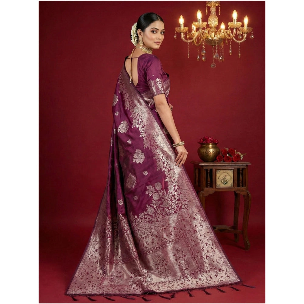 Women's Silk Blend Printed Saree With Unstitched Blouse 5.5Mtr (Purple) - VANSHELLE