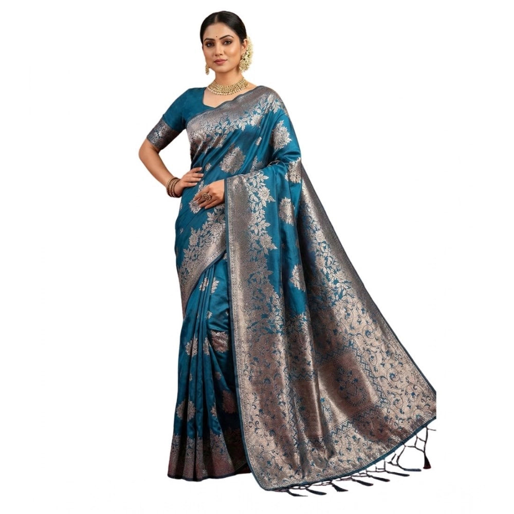 Women's Silk Blend Printed Saree With Unstitched Blouse 5.5Mtr (Teal Blue) - VANSHELLE