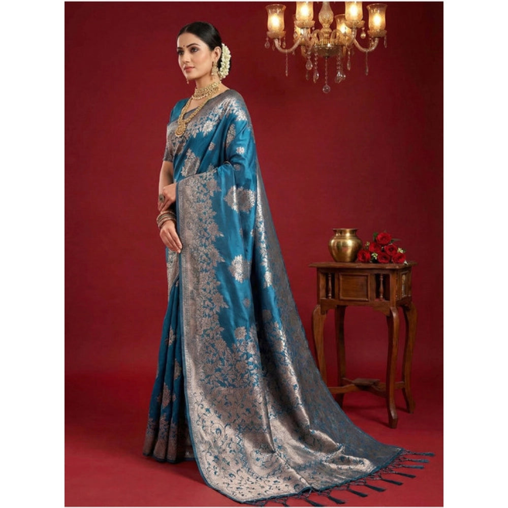 Women's Silk Blend Printed Saree With Unstitched Blouse 5.5Mtr (Teal Blue) - VANSHELLE