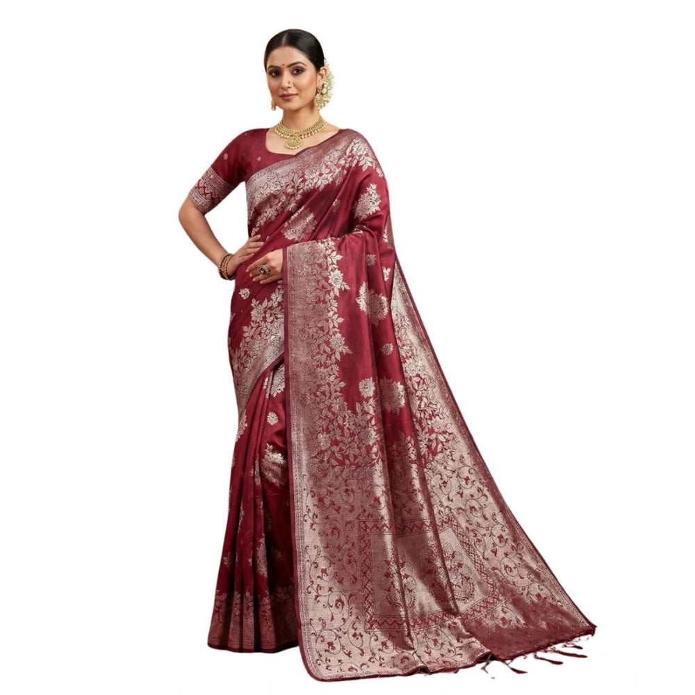 Women's Silk Blend Printed Saree With Unstitched Blouse 5.5Mtr (Maroon) - VANSHELLE