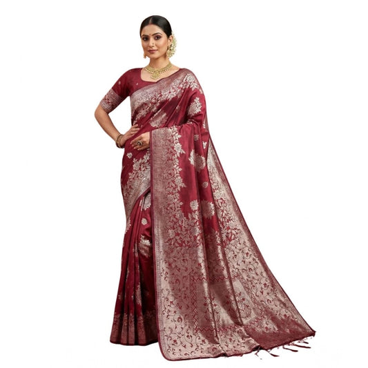 Women's Silk Blend Printed Saree With Unstitched Blouse 5.5Mtr (Maroon) - VANSHELLE
