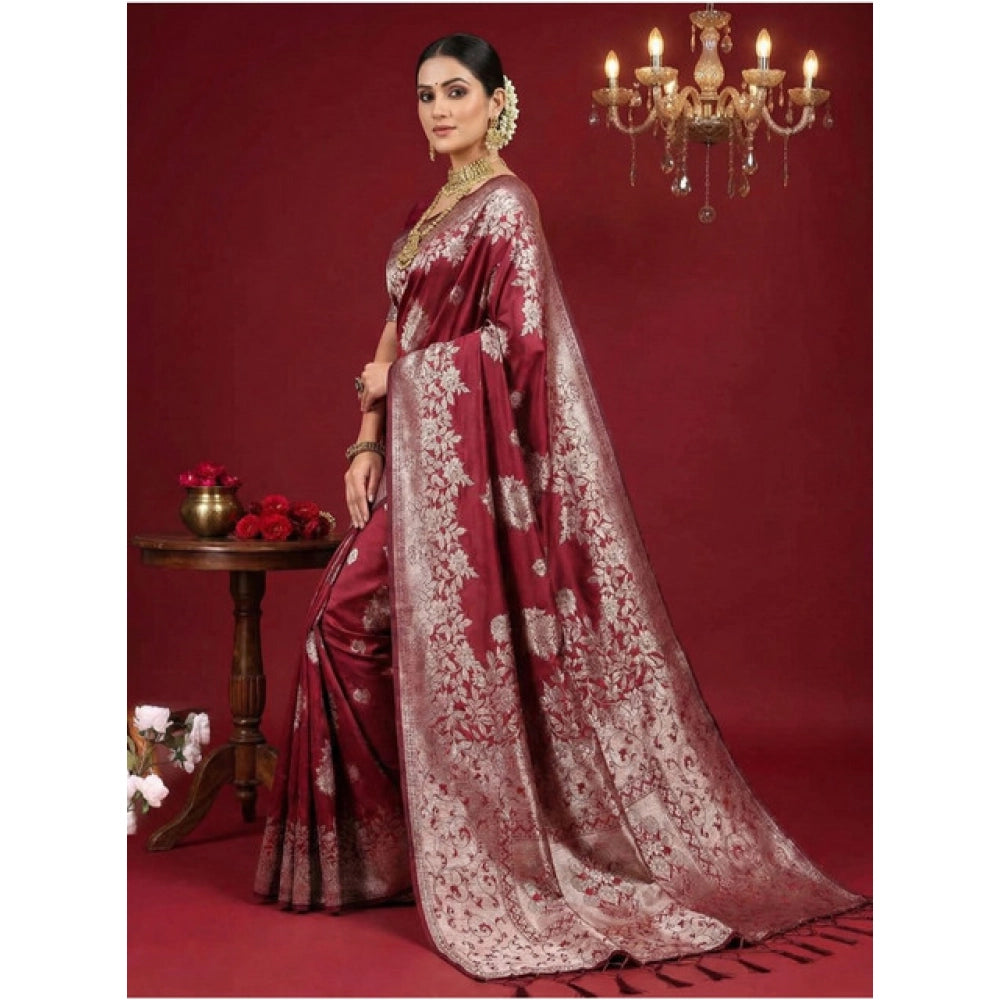 Women's Silk Blend Printed Saree With Unstitched Blouse 5.5Mtr (Maroon) - VANSHELLE