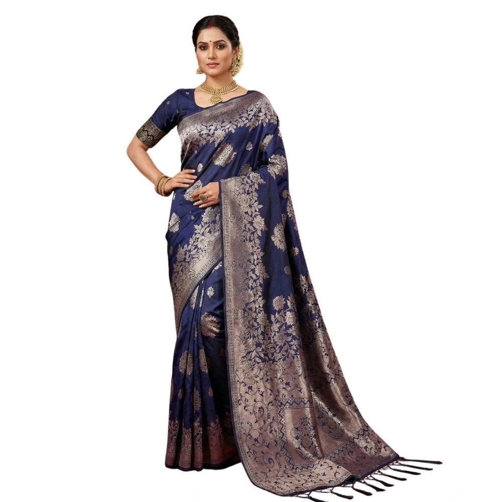 Women's Silk Blend Printed Saree With Unstitched Blouse 5.5Mtr (Navy Blue) - VANSHELLE