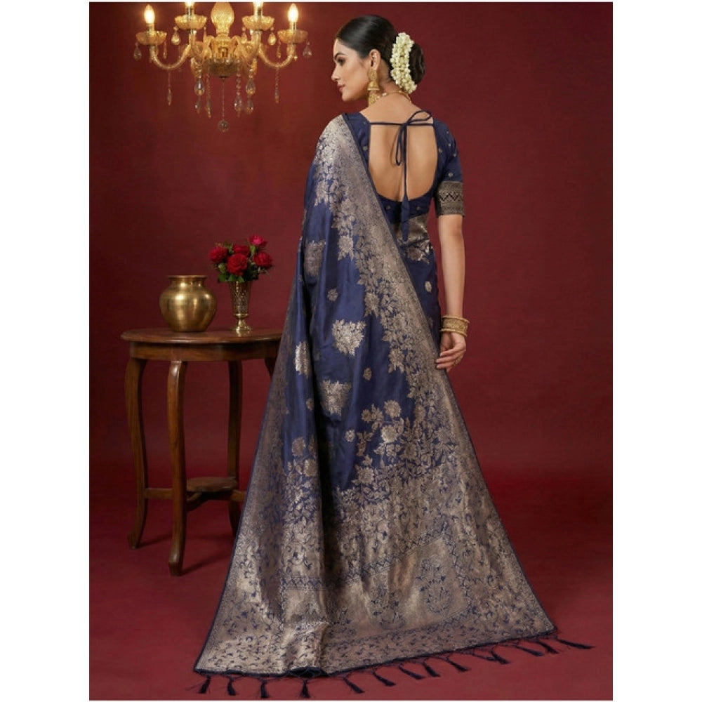 Women's Silk Blend Printed Saree With Unstitched Blouse 5.5Mtr (Navy Blue) - VANSHELLE