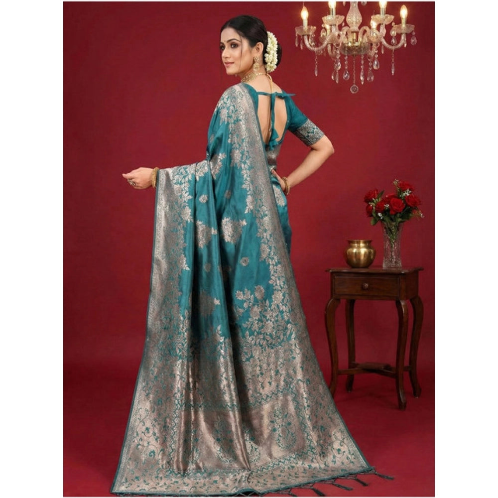Women's Silk Blend Printed Saree With Unstitched Blouse 5.5Mtr (Sea Green) - VANSHELLE