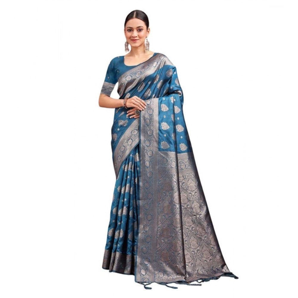 Women'S Banarasi Silk Printed Saree With Unstitched Blouse 5.5