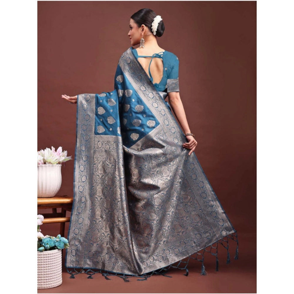 Women'S Banarasi Silk Printed Saree With Unstitched Blouse 5.5