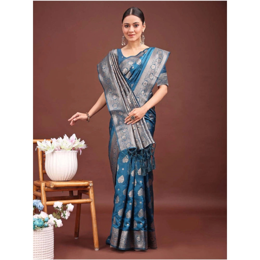 Women'S Banarasi Silk Printed Saree With Unstitched Blouse 5.5