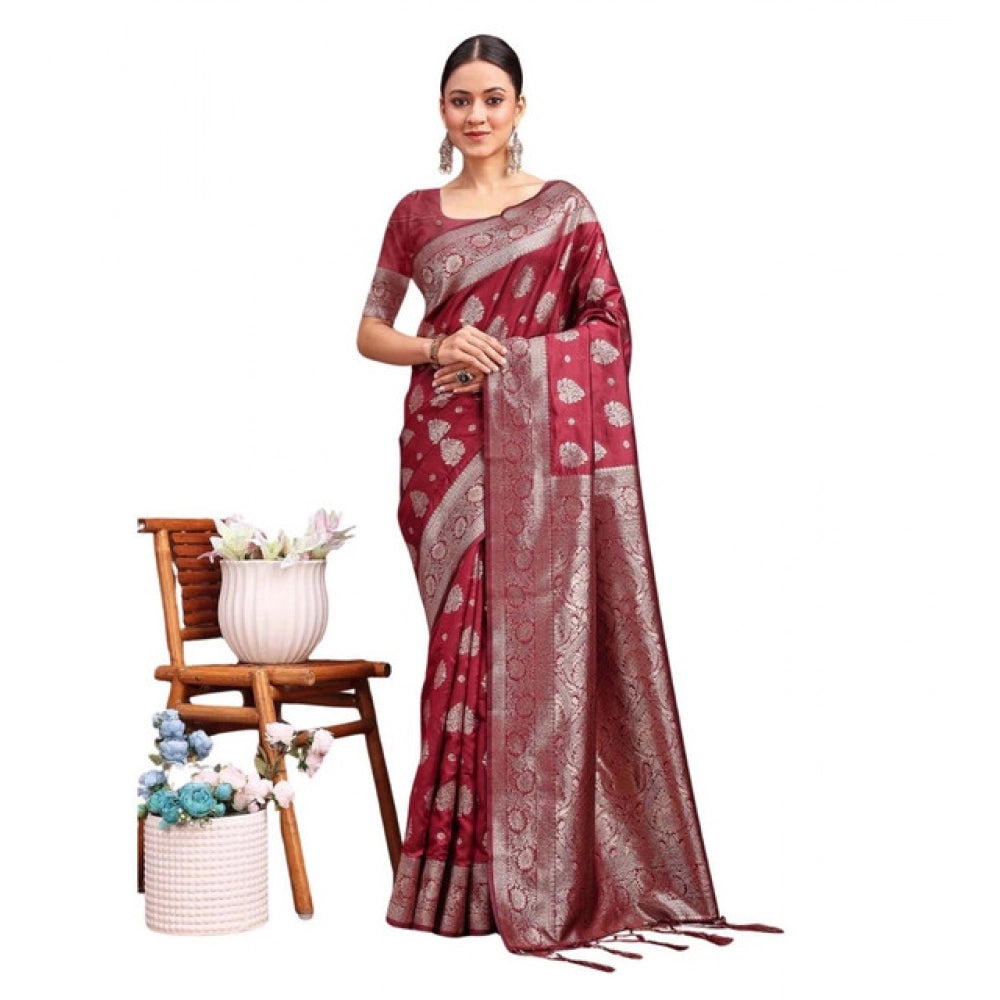 Women'S Banarasi Silk Printed Saree With Unstitched Blouse 5.5