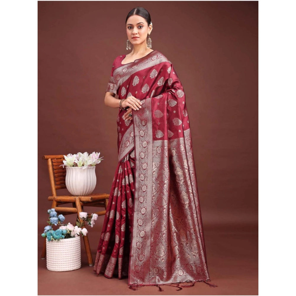 Women'S Banarasi Silk Printed Saree With Unstitched Blouse 5.5
