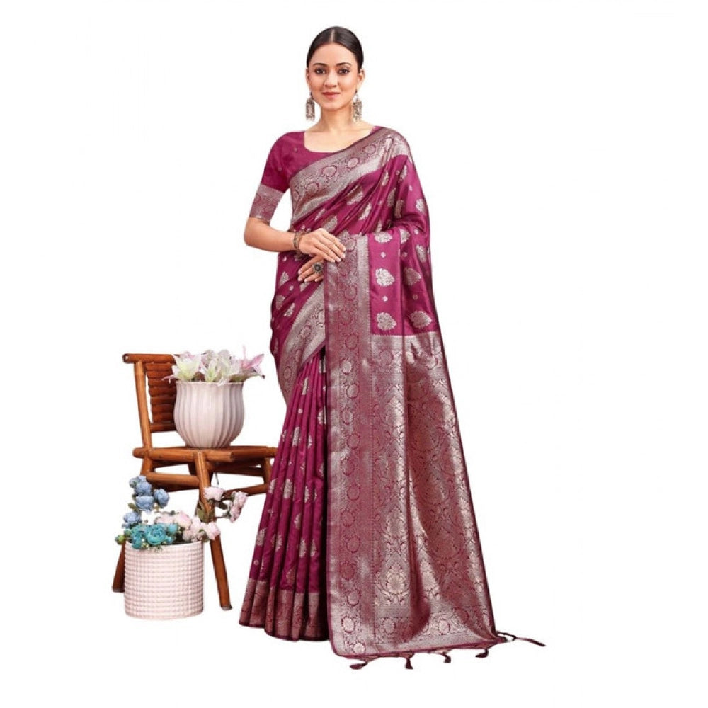 Women's Banarasi Silk Printed Saree With Unstitched Blouse 5.5Mtr (Purple) - VANSHELLE