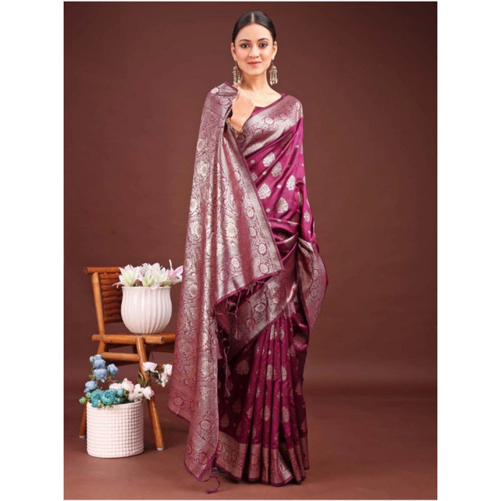 Women's Banarasi Silk Printed Saree With Unstitched Blouse 5.5Mtr (Purple) - VANSHELLE