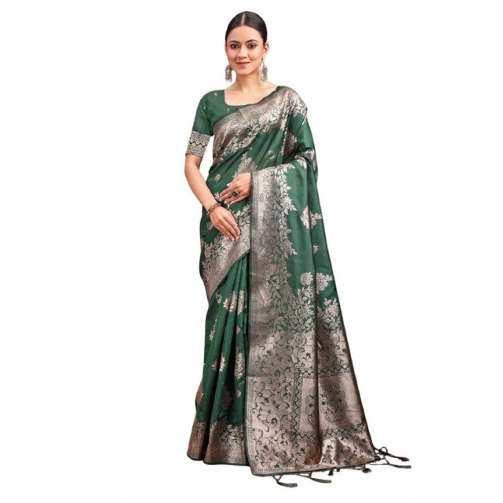 Women's Banarasi Silk Printed Saree With Unstitched Blouse 5.5Mtr (Dark Green) - VANSHELLE