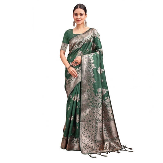 Women's Banarasi Silk Printed Saree With Unstitched Blouse 5.5Mtr (Dark Green) - VANSHELLE
