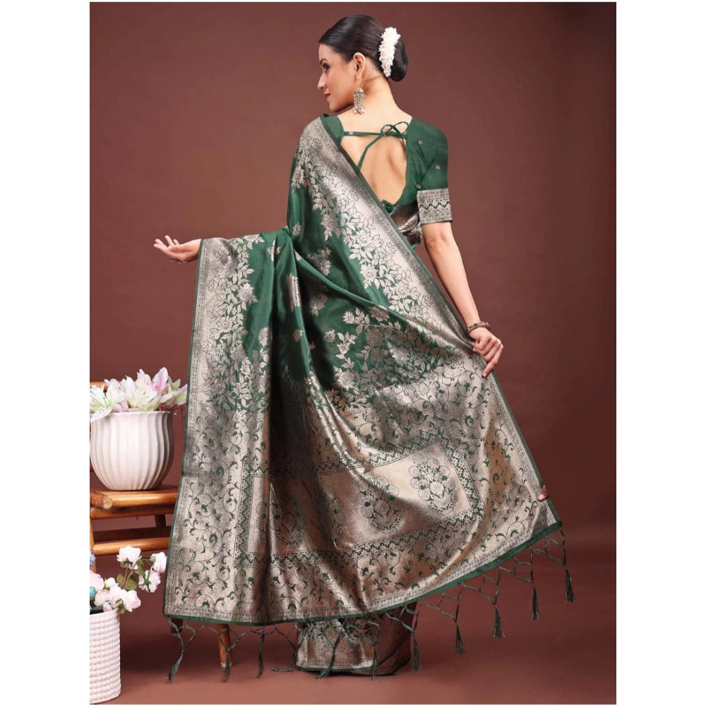 Women's Banarasi Silk Printed Saree With Unstitched Blouse 5.5Mtr (Dark Green) - VANSHELLE