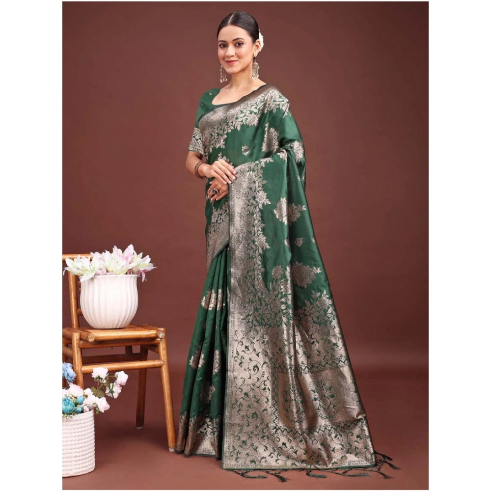 Women's Banarasi Silk Printed Saree With Unstitched Blouse 5.5Mtr (Dark Green) - VANSHELLE