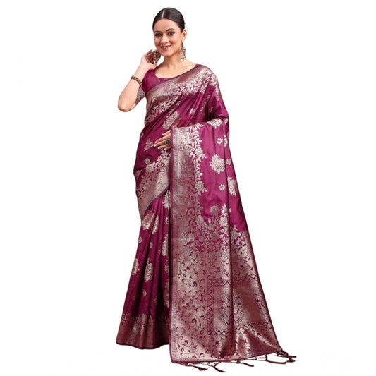 Women's Banarasi Silk Printed Saree With Unstitched Blouse 5.5Mtr (Purple) - VANSHELLE