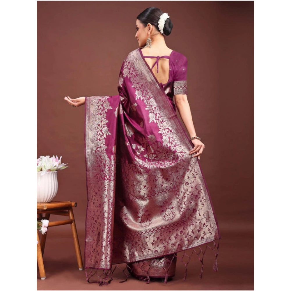 Women's Banarasi Silk Printed Saree With Unstitched Blouse 5.5Mtr (Purple) - VANSHELLE