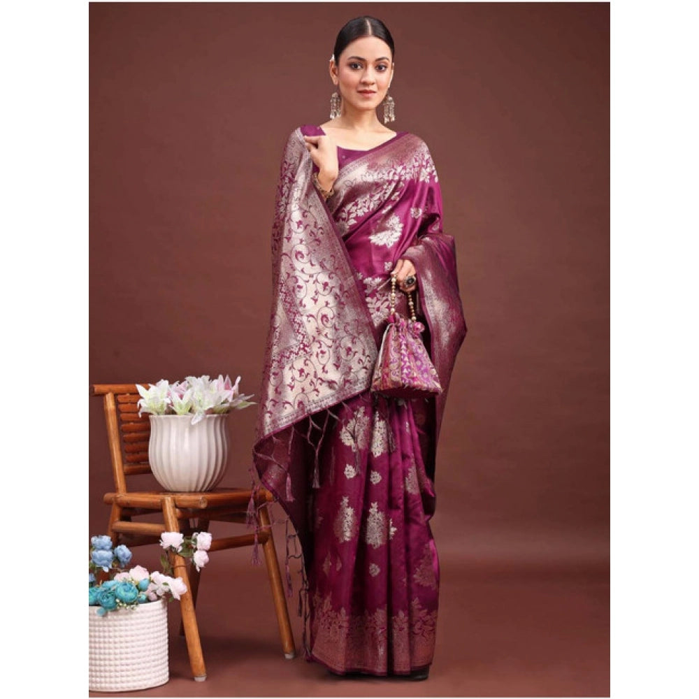 Women's Banarasi Silk Printed Saree With Unstitched Blouse 5.5Mtr (Purple) - VANSHELLE
