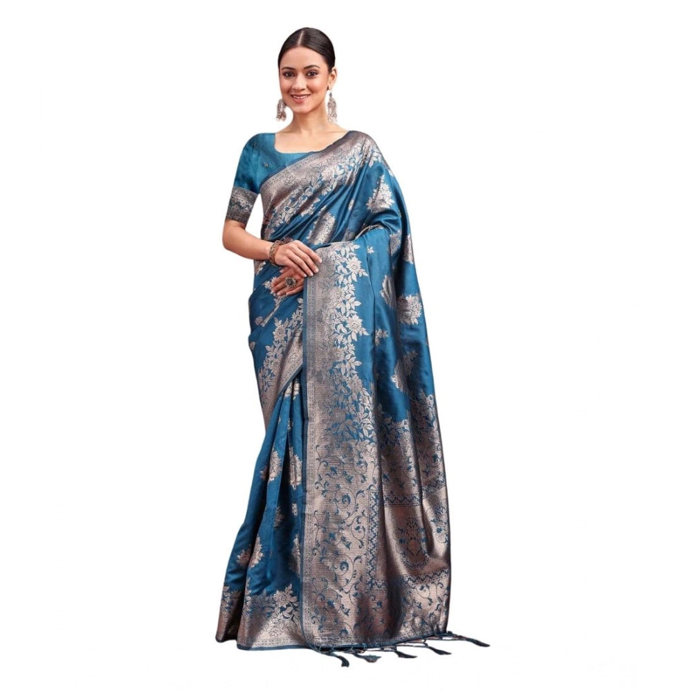 Women's Banarasi Silk Printed Saree With Unstitched Blouse 5.5Mtr (Teal Blue) - VANSHELLE