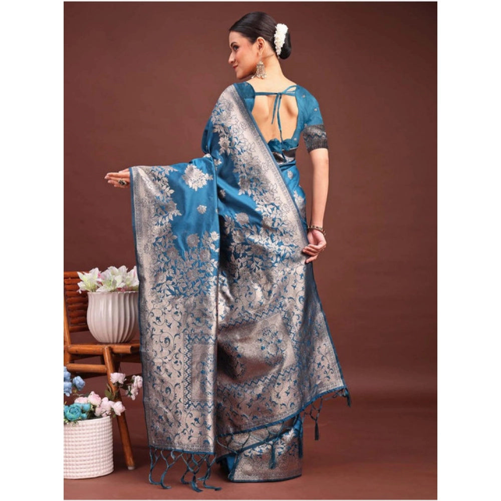 Women's Banarasi Silk Printed Saree With Unstitched Blouse 5.5Mtr (Teal Blue) - VANSHELLE