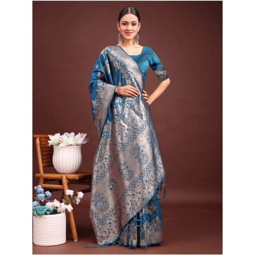 Women's Banarasi Silk Printed Saree With Unstitched Blouse 5.5Mtr (Teal Blue) - VANSHELLE