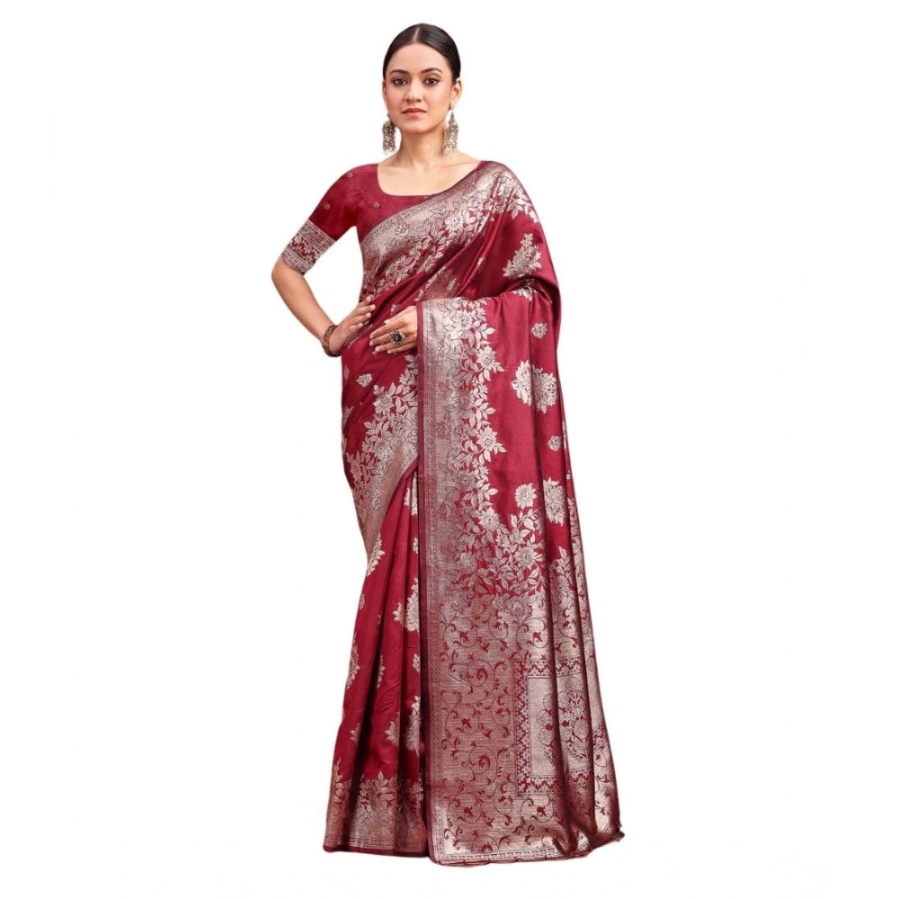 Women's Banarasi Silk Printed Saree With Unstitched Blouse 5.5Mtr (Maroon) - VANSHELLE