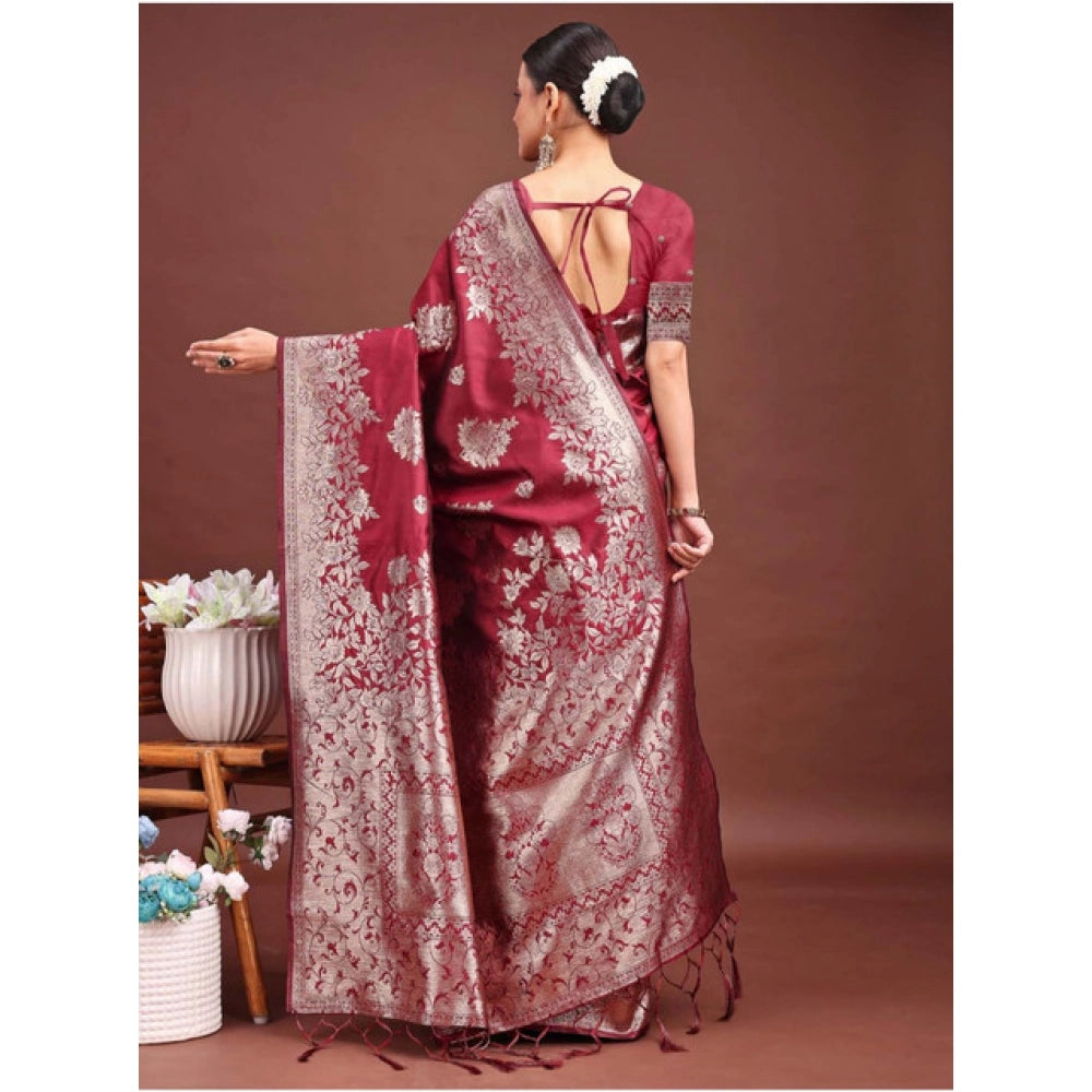 Women's Banarasi Silk Printed Saree With Unstitched Blouse 5.5Mtr (Maroon) - VANSHELLE
