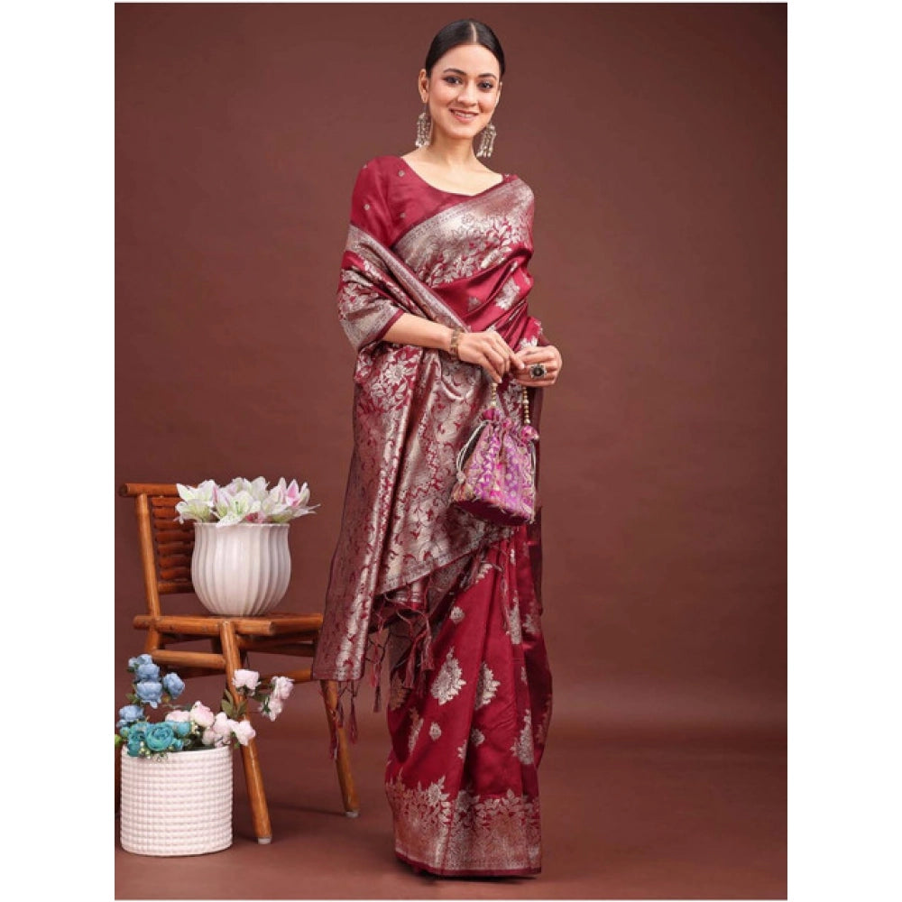 Women's Banarasi Silk Printed Saree With Unstitched Blouse 5.5Mtr (Maroon) - VANSHELLE