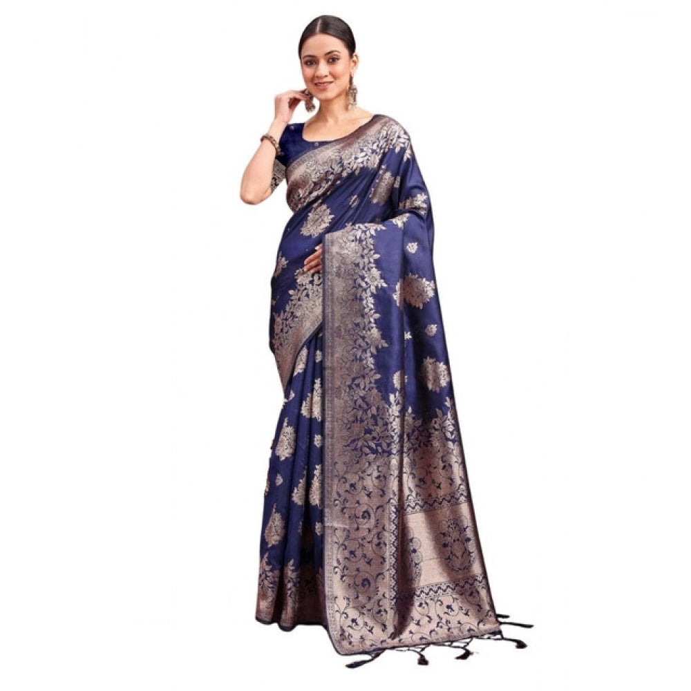 Women's Banarasi Silk Printed Saree With Unstitched Blouse 5.5Mtr (Navy Blue) - VANSHELLE