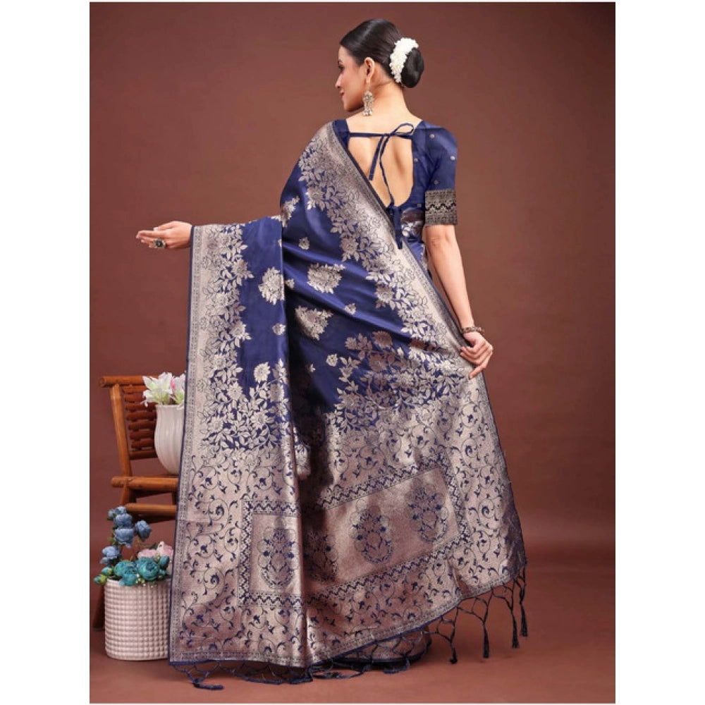Women's Banarasi Silk Printed Saree With Unstitched Blouse 5.5Mtr (Navy Blue) - VANSHELLE