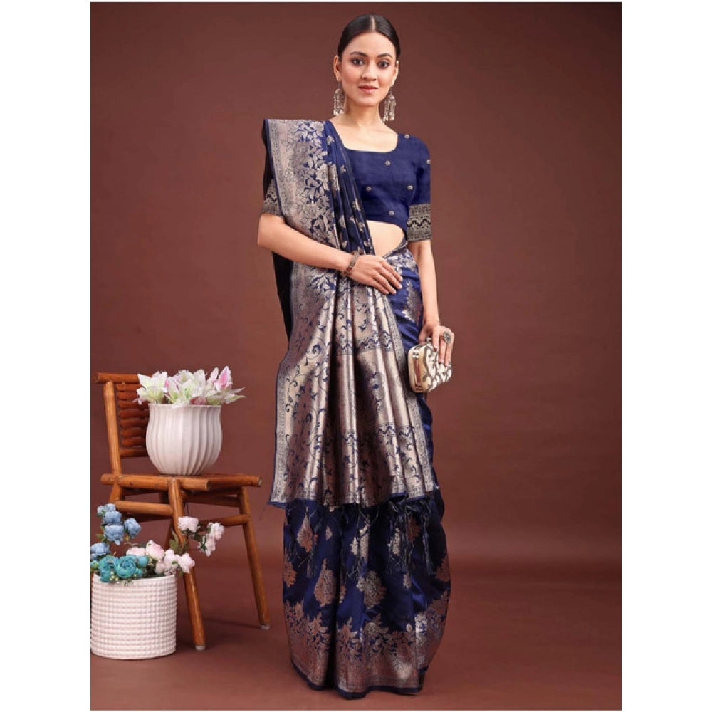 Women's Banarasi Silk Printed Saree With Unstitched Blouse 5.5Mtr (Navy Blue) - VANSHELLE