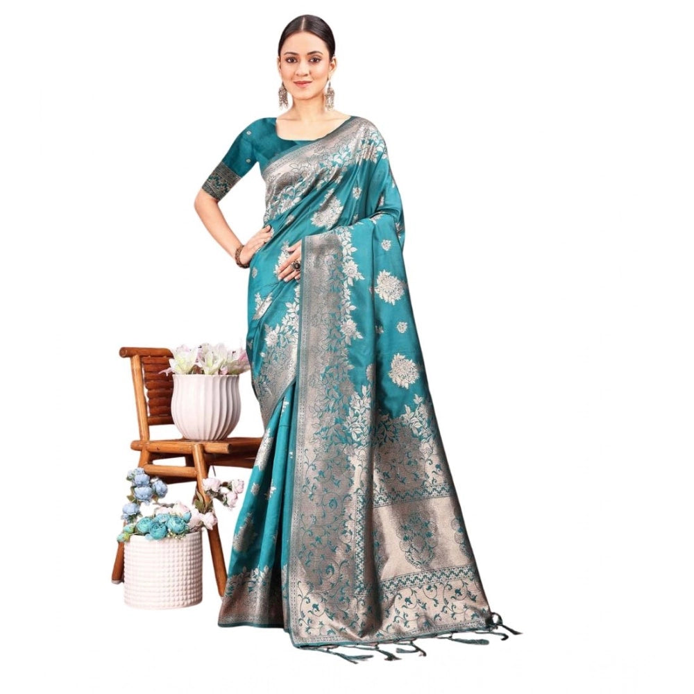 Women's Banarasi Silk Printed Saree With Unstitched Blouse 5.5Mtr (Sea Green) - VANSHELLE