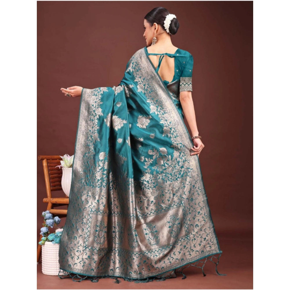 Women's Banarasi Silk Printed Saree With Unstitched Blouse 5.5Mtr (Sea Green) - VANSHELLE