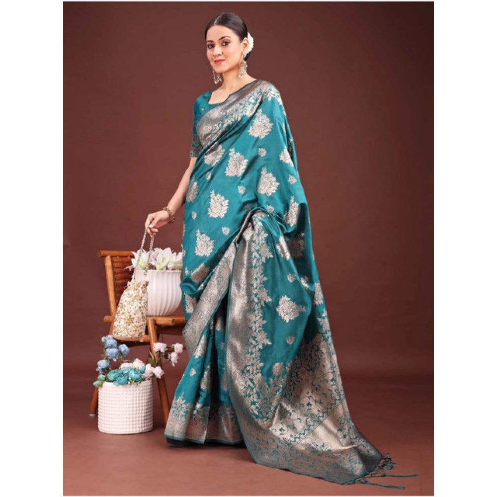 Women's Banarasi Silk Printed Saree With Unstitched Blouse 5.5Mtr (Sea Green) - VANSHELLE