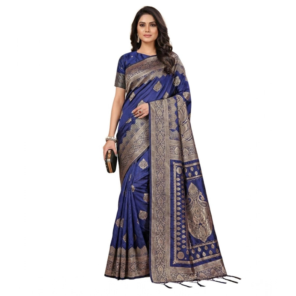 Women's Silk Blend Printed Saree With Unstitched Blouse 5.5Mtr (Navy Blue) - VANSHELLE