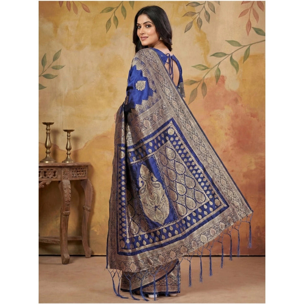 Women's Silk Blend Printed Saree With Unstitched Blouse 5.5Mtr (Navy Blue) - VANSHELLE