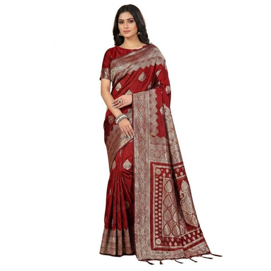 Women's Silk Blend Printed Saree With Unstitched Blouse 5.5Mtr (Maroon) - VANSHELLE